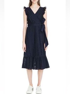 J. Crew Navy Eyelet Wrap Midi Dress with Tie Waist